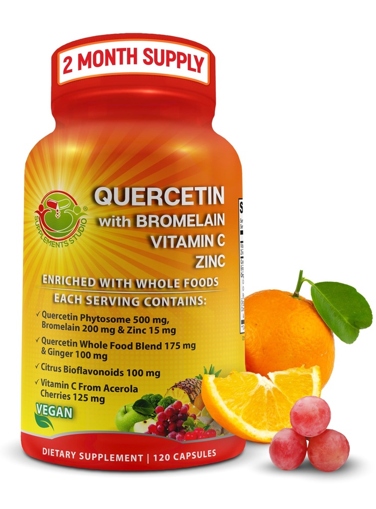 Querbetin cu Bromelain Vitamina C și Zinc imbogatit cu alimente organice integrale - 1215 mg per Servire - Querbetin Physome 500 mg Capsule cu ghimbir și Flavonoids pentru sprijin imun - 120 Conte