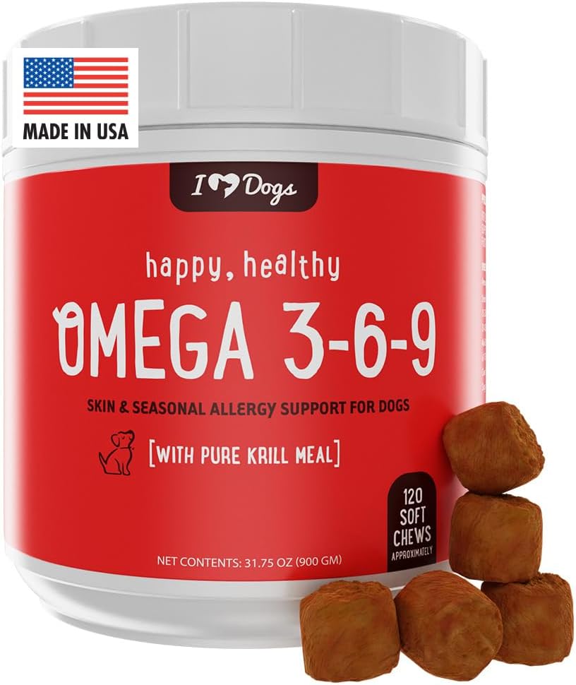 iHeartDogs Omega 3-6-9 pentru câini - Piele și haină supliment de ulei de pește pentru câini cu ulei de krill pur Antarctica - Alergie și mâncărime piele Relief Chews, 120 Conte