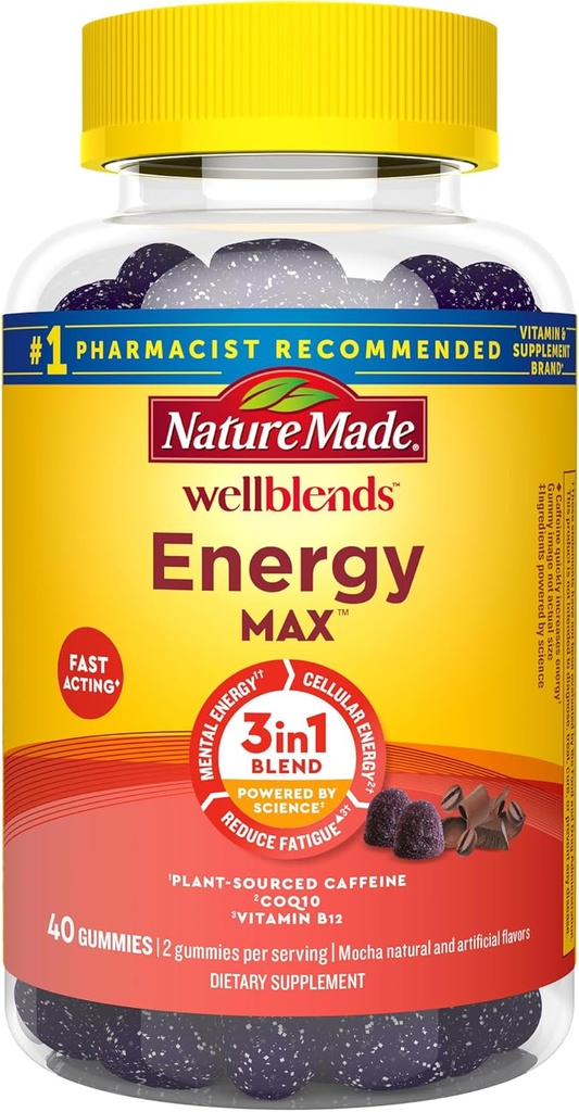Nature Made Wellblends EnergyMAX Gummies, Cafeină cu acţiune rapidă, CoQ10 & Vitamina B12 1000mcg, Vitamine de gummy de susţinere energetică, 40 Gummies
