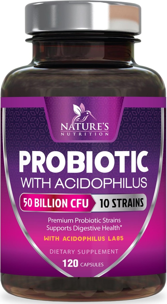 Probiotice 50 Miliarde CFU per Servire - 10 Tulpini + Prebiotice - Digestive Health, Curaj & Suport Imun - Sprijină Constipaţie ocazională, Gaz & Blooting pentru Femei & Men Perioada de valabilitate Stabil - 120 Capsule