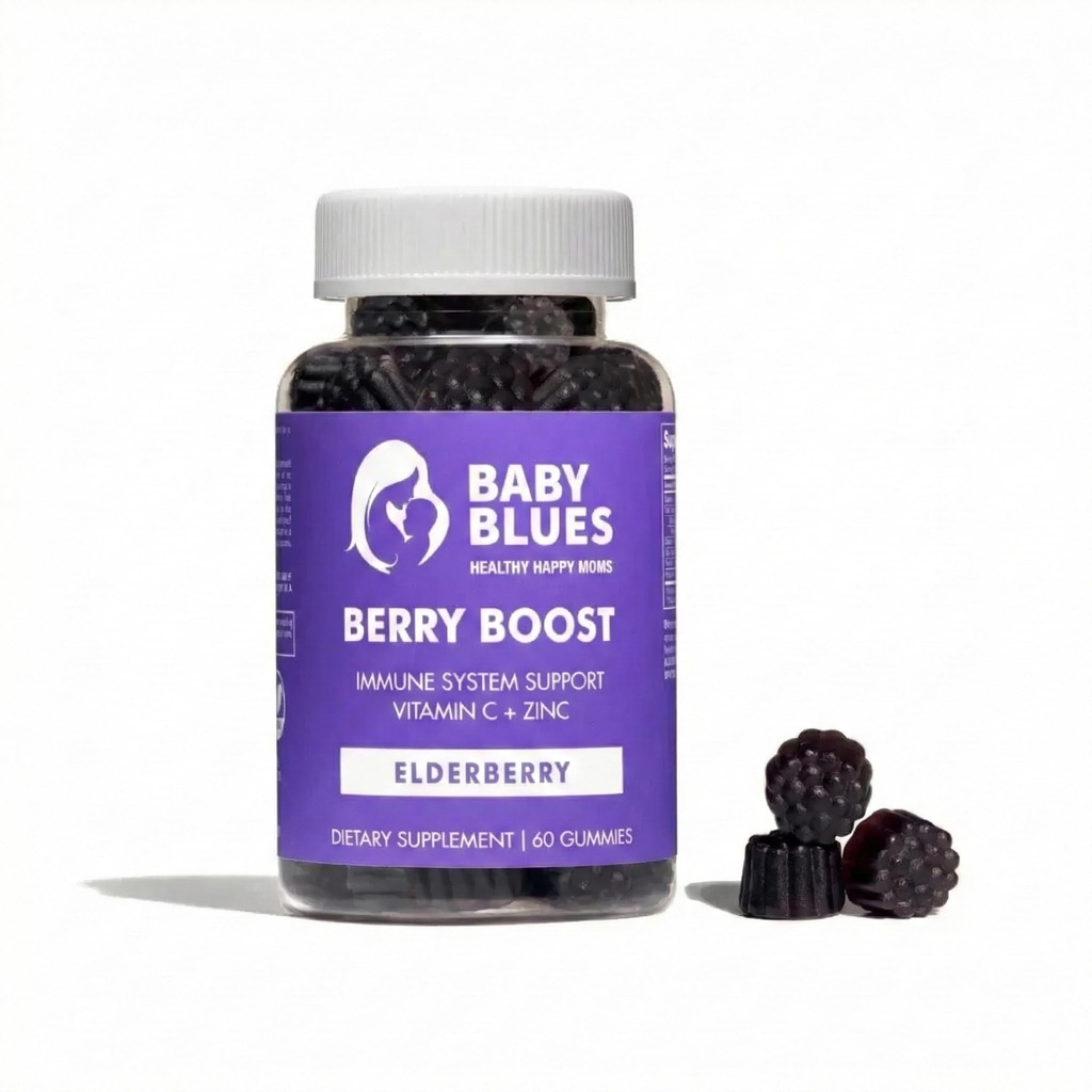 Baby Blues Berry Boost pentru mame, Imunitate Elderberry Gummies Suport Immune Supliment cu vitamina C și zinc pentru adulți, non-GMO Sistem imunitar Vitamine Booster Vegan Gluten Gumies gratuite, 60pcs