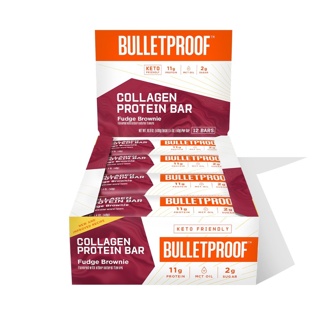 Buletin antiglonț Fudge Brownie Colagen Proteine Baruri, Pachet de 12, Keto-Friendly Snack cu ulei MCT, grăsime hrănită cu iarbă Colagen, fără adaos de zahăr