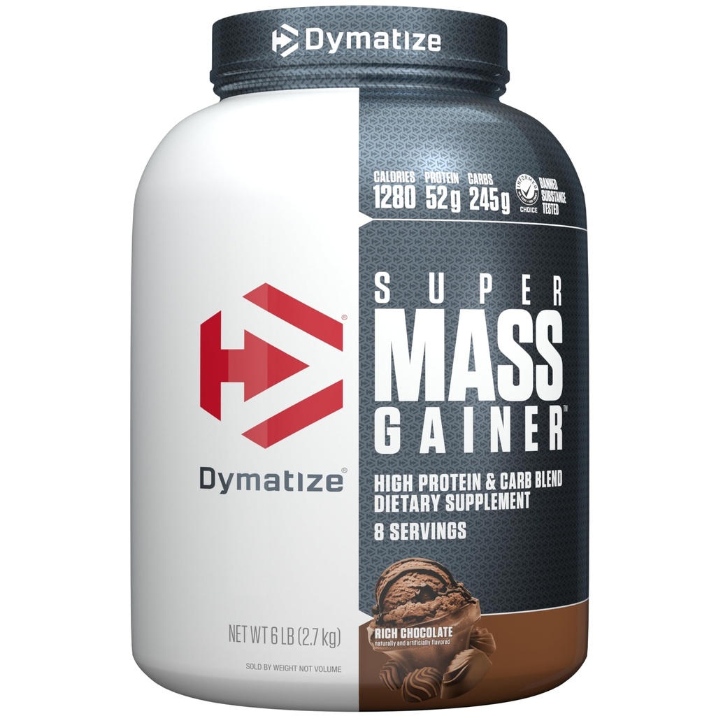 Dymatize Super Mass Gainer Proteine Pulbere, Ciocolata bogata, 52g Proteine, 1g Creatina, 1280 Calorii, 10.7g BCAAs, 245g carbohidrati, Conține pulbere de proteine, Izolat, și Casein (8 Serviri)