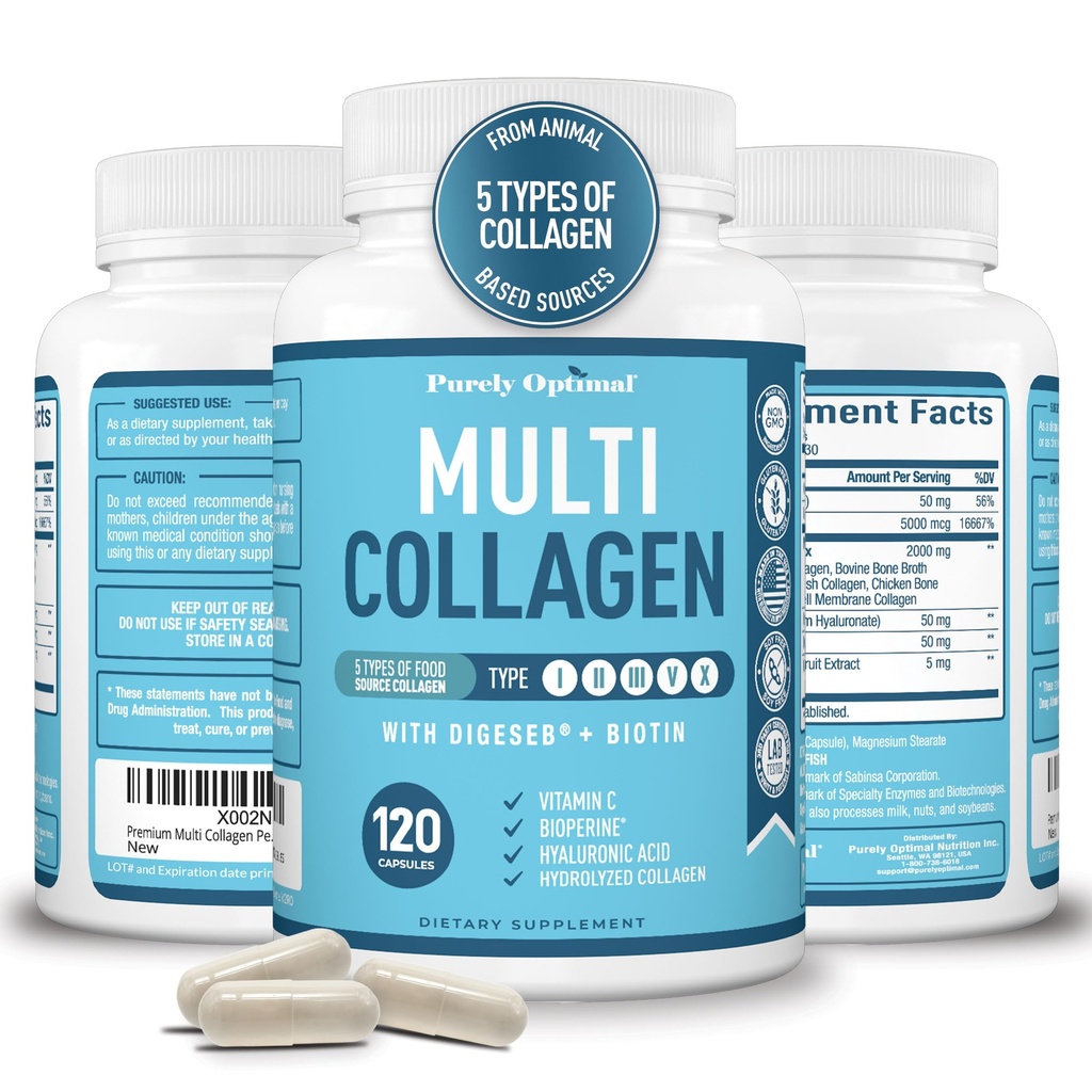 Premium Multi Colagen Peptides (Tipurile I, II, II, V, X) - Colagen pastile pentru îngrijirea pielii, creșterea părului, unghii și articulații - vitamina C, acid hialuronic, biotină, gluten gratuit - 120 capsule Colagen