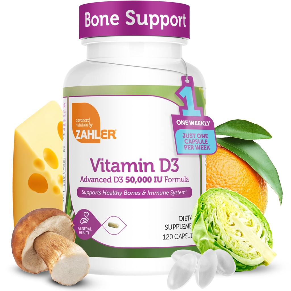 Zahler - Advanced Vitamina D3 50000 UI capsule (120 Conte) Kosher Vegetarian Friendly Vitamina D pentru Suport Imun, Bone, Teeth & Muscle Health - Weekly D3 Vitamin Supplement- Easy Swallow Vitamina D3.