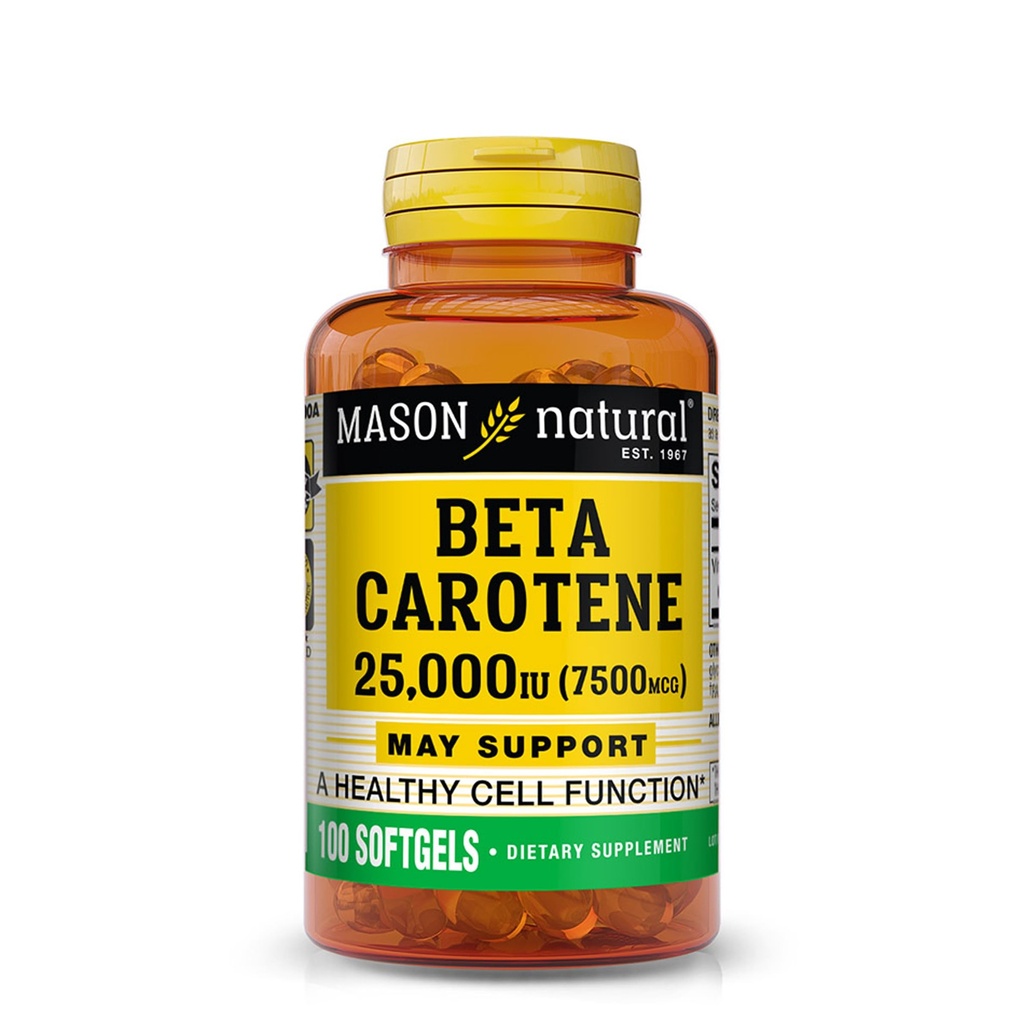 MASON NATURAL Vitamina A Beta Caroten 25 000 UI - Suportă Viziune sănătoasă, Funcţia celulară şi funcţia imună, 100 Softgels