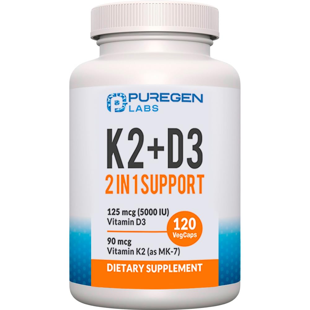 2 în 1 Formula 90mcg vitamina K2 (MK7) și 5000 UI vitamina D3 Supliment I Formula non-GMO, Ușor de înghițit vitamina D & K Complex, 120 capsule I 4-Month aprovizionare