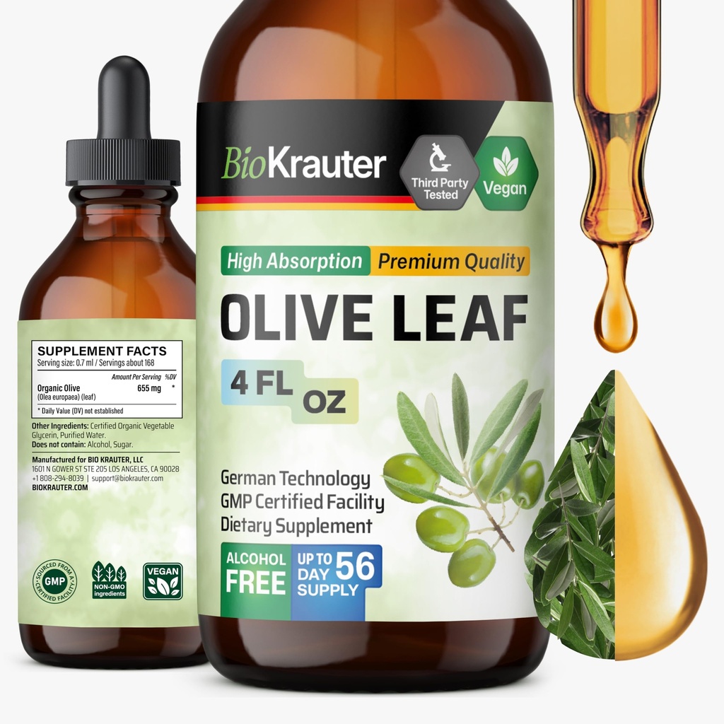 BIO KRAUTTER Olive Leaf Extract lichid - Olive Leaf Tincture for Immune Support - Alcool și zahăr gratuit - Vegan picături 4 Fl.Oz.