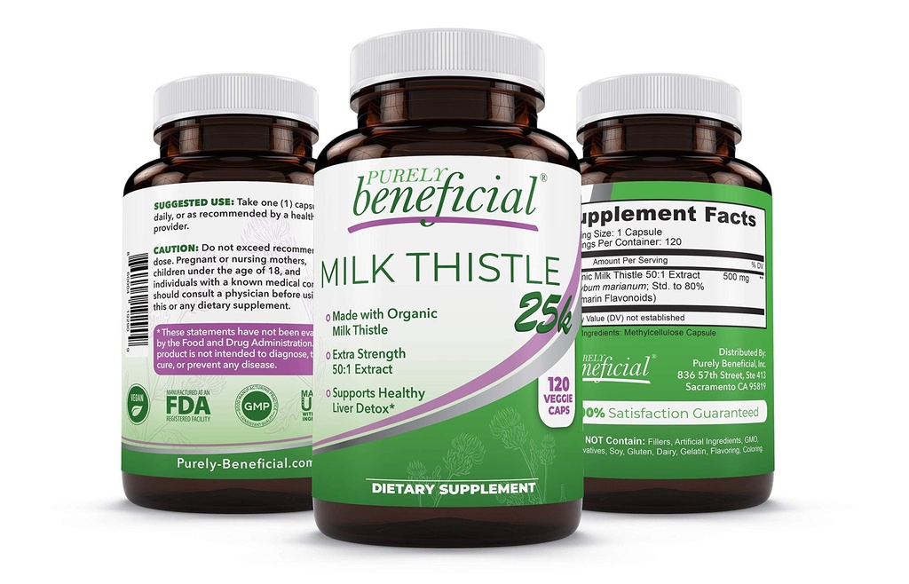 PURELY benefice capsule de lapte organic muls, 50:1 extract de muls de lapte, Cleanse ficat și suport antioxidant, 120 de capsule de legume, Vegan și non-GMO