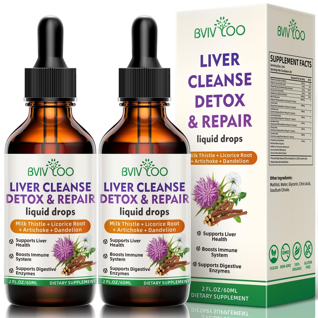 2 Pack Ficat Sanatate Picături lichide - 2000mg Milk Thistle, Dandelion Root, Artichoke, Silymarin Extract, & Herbs Turmeric - Vegan, Non-GMO - 4 Fl Oz (120ml)