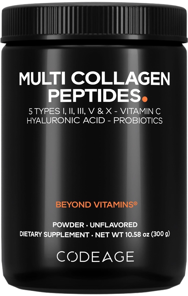 Codaj Multi Colagen Peptides Powder + Probiotice Black Edition, Vitamina C, Acid hialuronic Powder Supplement, Grass-Fed, Hidrolyzed, Zero carbohidrați, Tip I, II, III, V & X, Neflavorat, 10.58oz