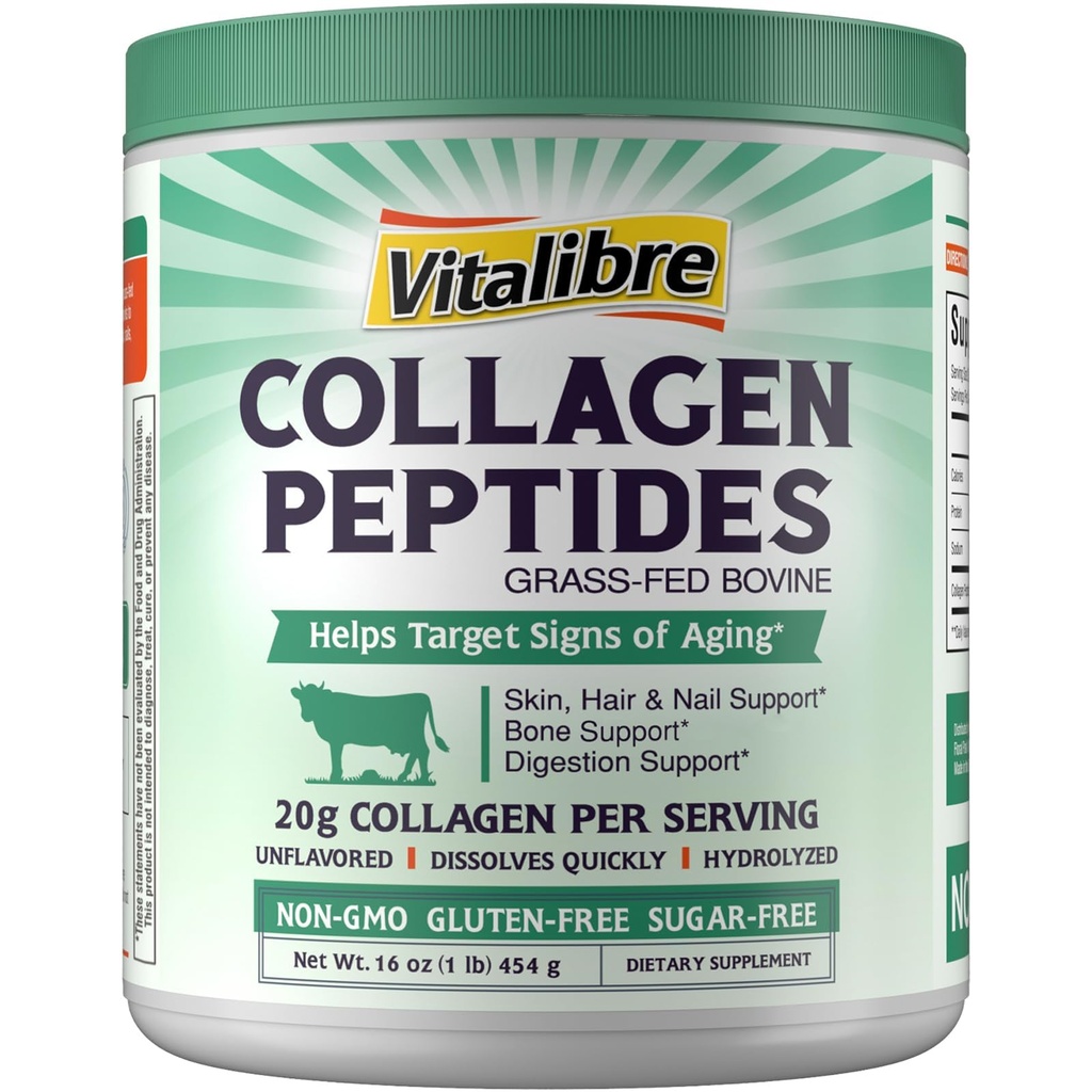 Bovine Colagen Peptides Pulbere pentru femei și bărbați, Grass-Fed Hidrolized Colagen Proteină tip I & III, Piele, Păr, Nails, Oase, Digestion, Nearbored, Non-GMO, Keto & GF, 22 Servings, 16oz