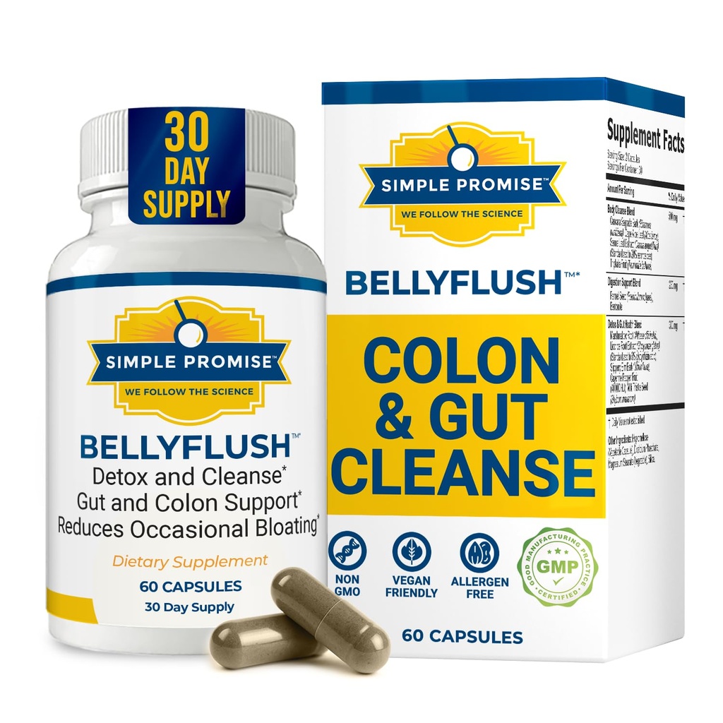 BellyFlush - Gentle Colon & Gut Curățați Suplimentul cu lapte Thistle & Bentonite Clay - Suportă Constipație, Debloat, Digestive Detox & Flushing - 60 capsule