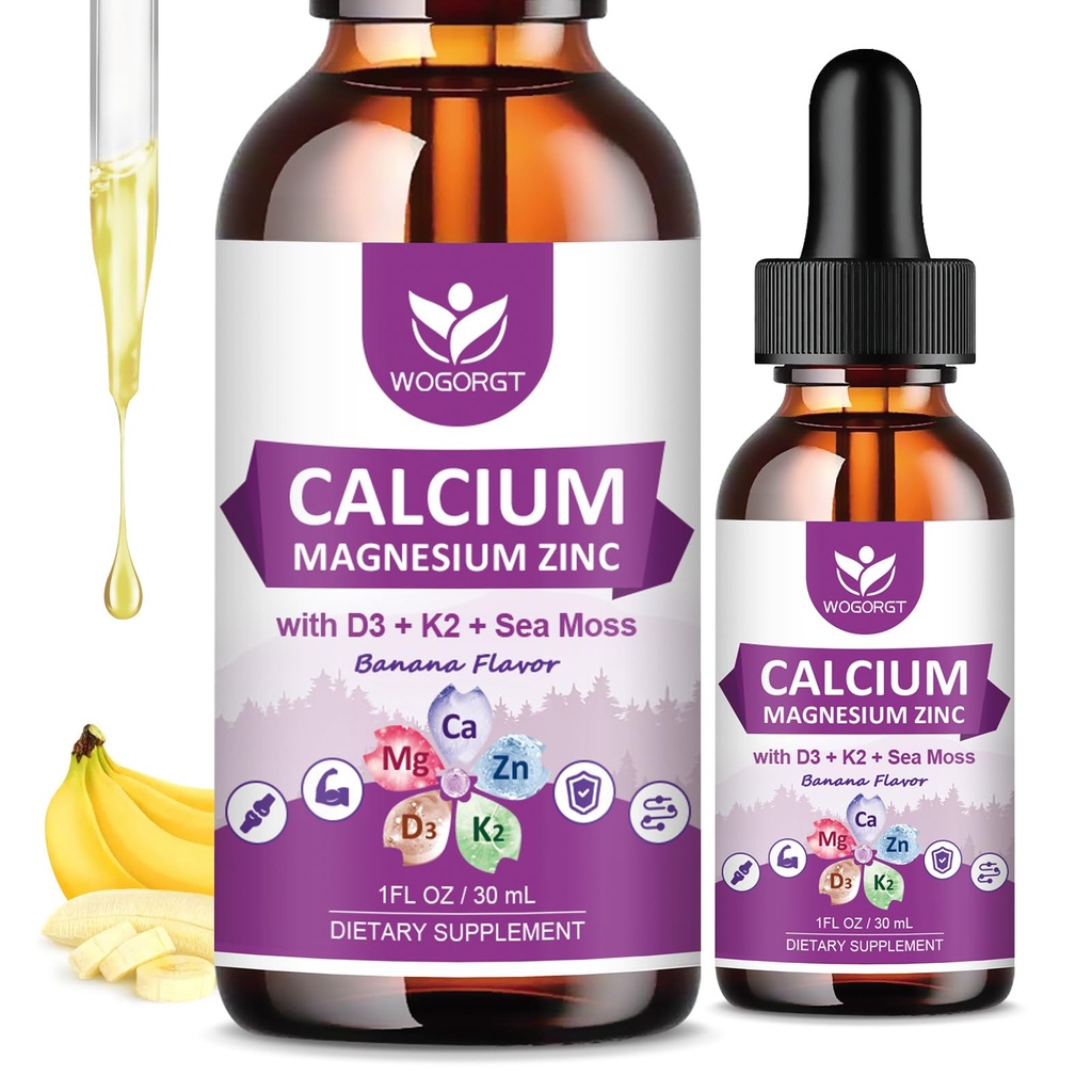 Citrat de calciu 1000 mg cu vitamina D3 pentru femei si barbati - lichid de calciu de magneziu Zinc D3 K2 Supliment pentru oase, suport dinti, Zahar gratuit, Vegan, Banana Aroma - 1 Fl Oz (2 ambalaj)