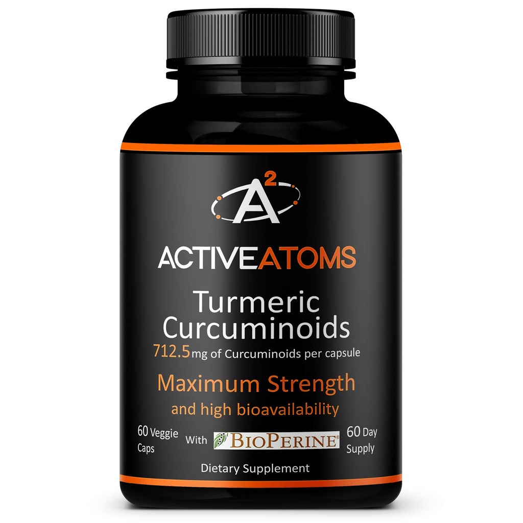 Atomi activi Extract de turmeric, Extra Putere cu BioPerine® Black Pepper 750 mg Extract de turmeric pe o capsulă de 100," Standardizat 95% Curcuminoide, Non-GMO, 60 Capsule Veggie 60 zi de aprovizionare