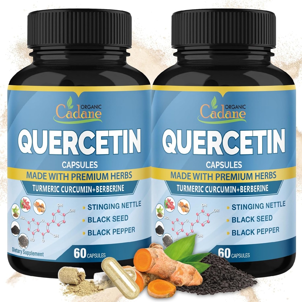 Cadane organic 2 Packs Querbetin Suplimente Capsule, 6in1 cu Turmeric, Berberine, Stinging Nettle, Black Seed, Black Pepper - Suporturi Sistemul imunitar - 4 luni de aprovizionare