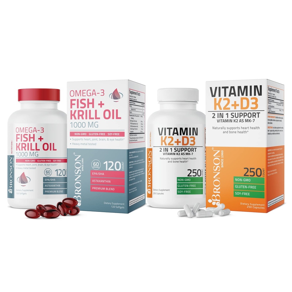 Vitamina Bronson K2 (MK7) cu supliment D3 de pește Omega-3 + ulei Krill 1000 MG