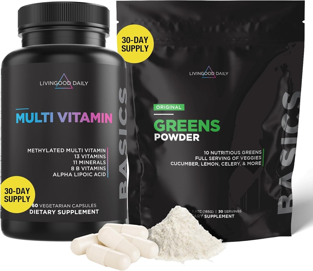 Livingood Daily Heart Valve Support Bundle - Multivitamine/Multiminerals Plus Greens Powder pentru un suport nutritional bine echilibrat si complet - Suplimente pentru sanatatea inimii