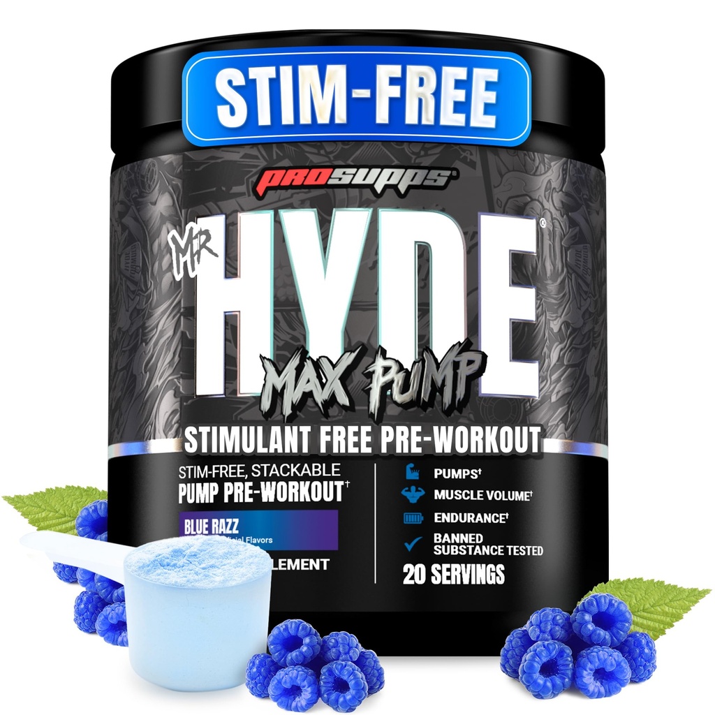 ProSupps Mr. Hyde Max Pump Pre Workout Pulbere - Stim-Free Preworkout sprijină fluxul de sânge, volum muscular și rezistenta - Cafeina-Free Nitrooxid de azot Gym & Fitness Suplimente (Blue Razz, 20 Servings)