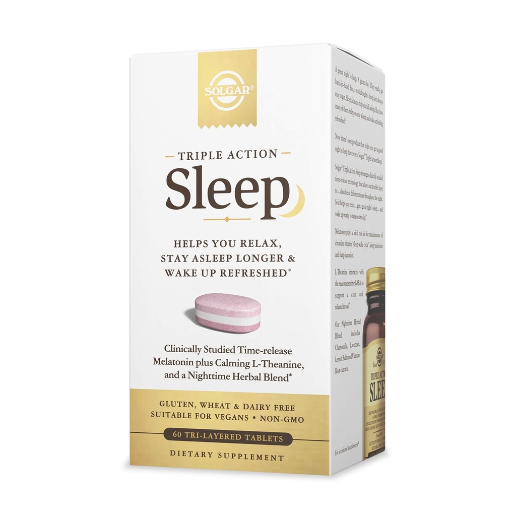 Solgar Triple Action Sleep, 60 Tri-Layer Tablets - Time-Release Melatonin & L-Theanin Plus Herbal Blend - Te ajută să te relaxezi, să dormi repede și să dormi mai mult - Non-GMO, Gluten Free - 60 Servings