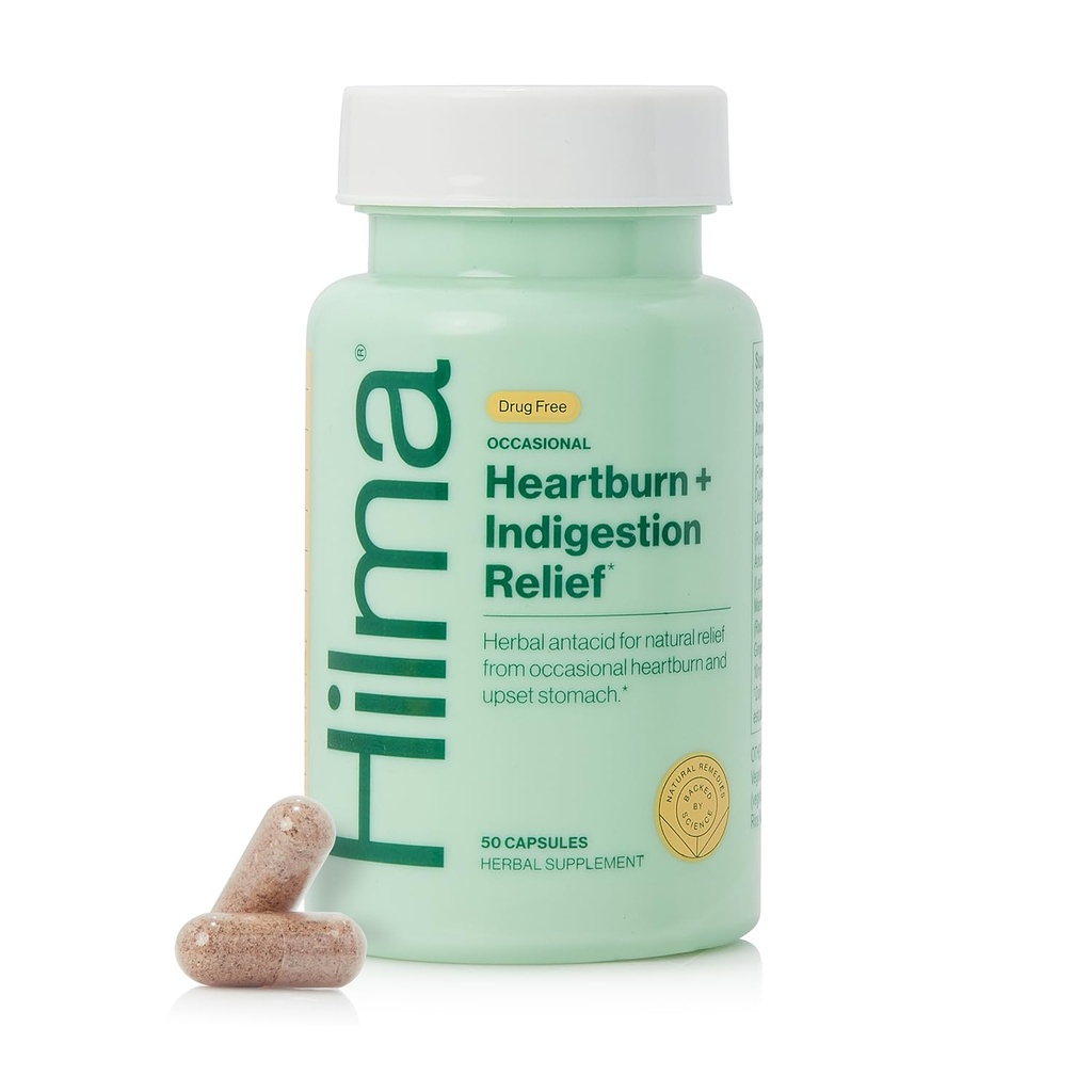 Hilma Heartburn & Indigestie Relief, Antiacid natural pentru Reflux de acid occazional și arsuri la stomac, ghimbir, mușețel, rădăcină de marshmallow și mai mult, Protejat de doctor și studiat clinic, 50 capsule Vegan
