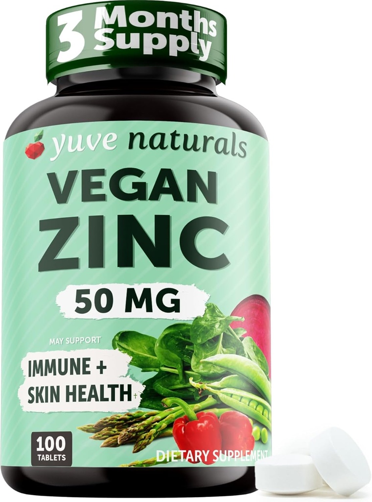 Yuve Naturals Vegan Zinc 50 mg - Zinc Gluconat pentru Immun și suport pentru piele - Gluten gratuit, fără OMG-uri, pe bază de plante - 100 comprimate ușor de înghițit