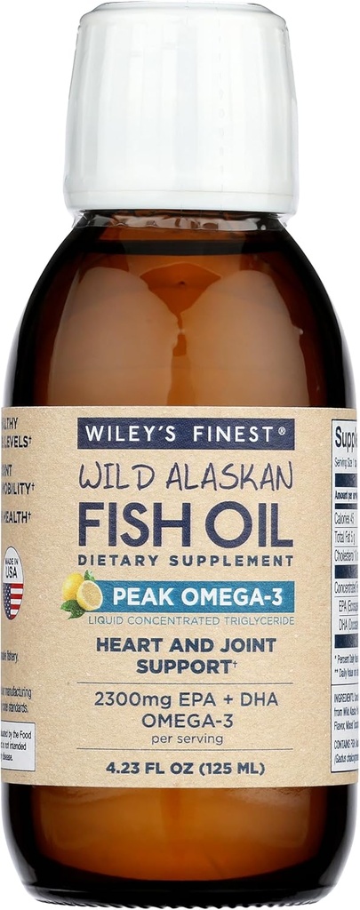 Wiley’s Finest Wild Alaskan Fish Oil Peak Omega-3 Liquid Supplement - 2300mg EPA and DHA Omega-3s - Lemon Flavor - 4.23 Oz (25 Servings)