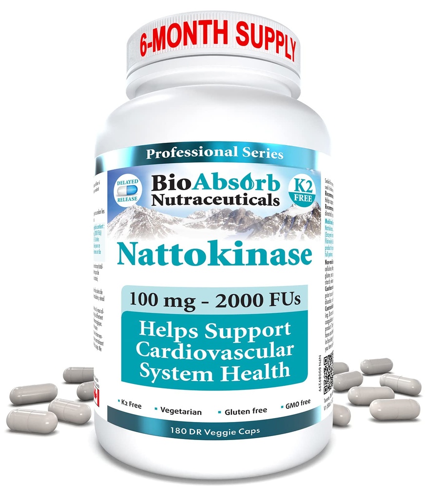 Bio Absorb Nattokinaza Supliment. 100 mg, 2000 FU. 6-Month Supply. Non-GMO Natto extract Enzyme (180 Veggie Caps)