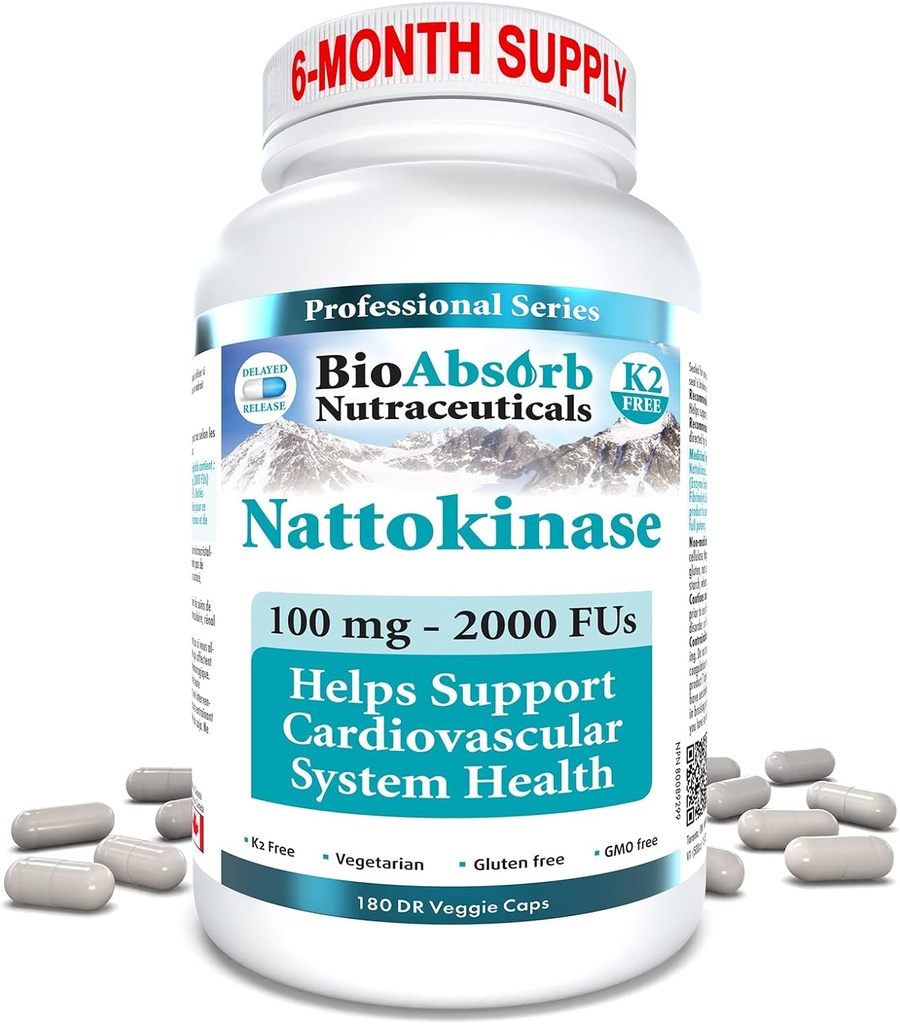 Bio Absorb Nattokinaza Supliment. 100 mg, 2000 FU. 6-Month Supply. Non-GMO Natto extract Enzyme (180 Veggie Caps)