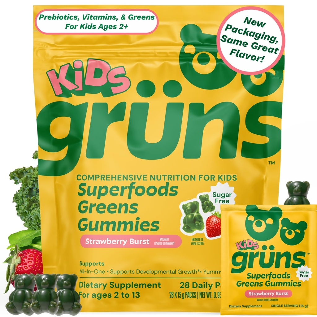 Gruns Kids Vitamine, Super Greens Gummies, Sugar-Free Superfood Gummy Bears Cu Spirulina, Chlorella, Prebiotice Fibră pentru Digestive Health, Adaptogens Supliment, 20 Vitamine & Minerale, 28 zile Pack