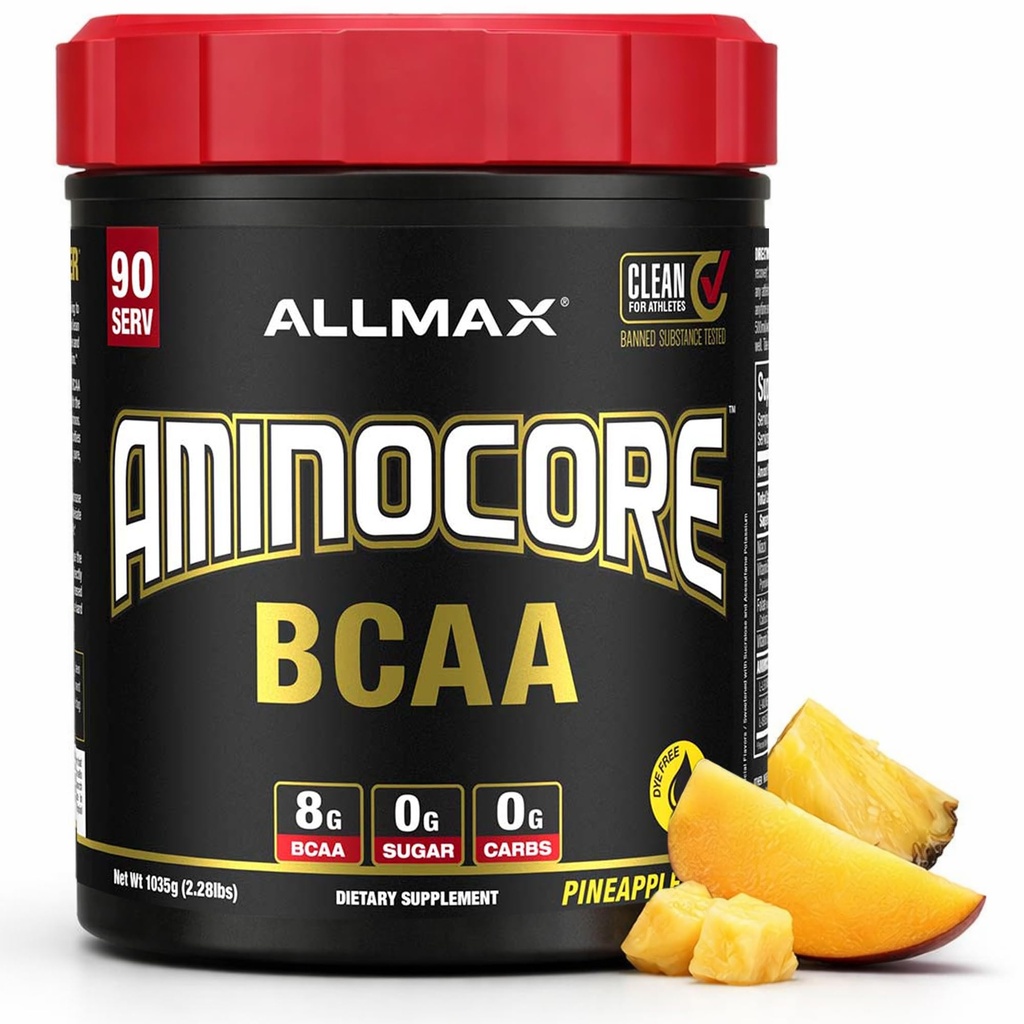 ALLMAX Nutritie AMINOCORE BCAA, Ananas Mango - 945 g Pulbere - 8.18 Grams de lant ramificat Amin Acidi Per Servire - cu vitamine B - Nu Fillers sau non-BCAA Aminos - Sugar Free - 90 Serviri
