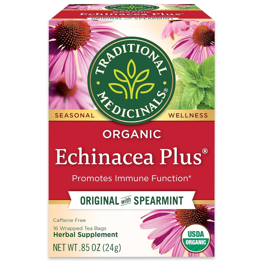 Medicamente tradiționale Echinacea organică Plus cu Spearmint Ceai de plante, promovează funcția imună, (Pachetul de 1) - 16 pungi de ceai