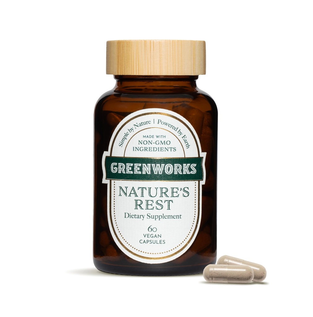 Greenworks Nature's Rest Melatonin Free Sleep Aid - Organic Herbal Supplement with Ashwagandha & Valerian Root - Vegan Capsule, 60 Count.