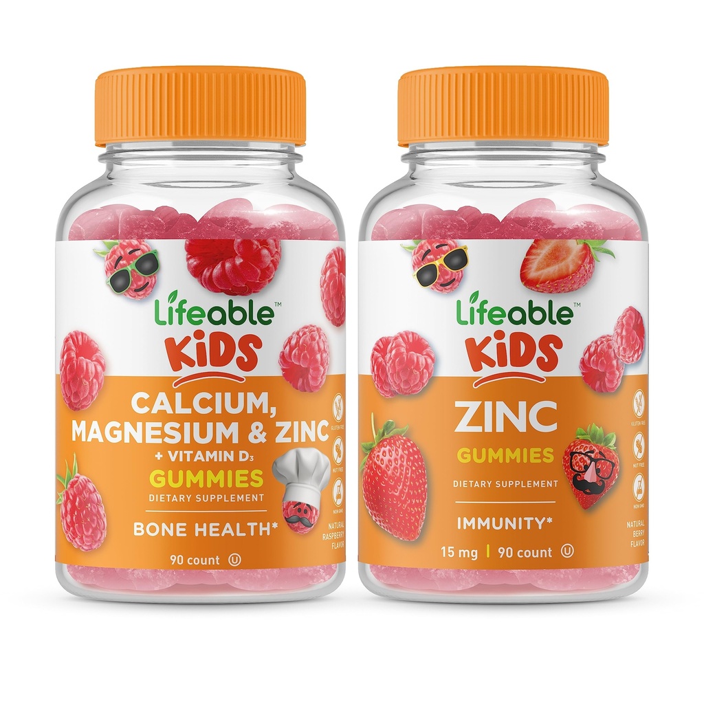 Calciu de viață Magneziu & Zinc Copii + Zinc Copii, Gume Bundle - mare Tasting, Suplimentul de vitamine, Gluten gratuit, OMG gratuit, Guma de mestecat