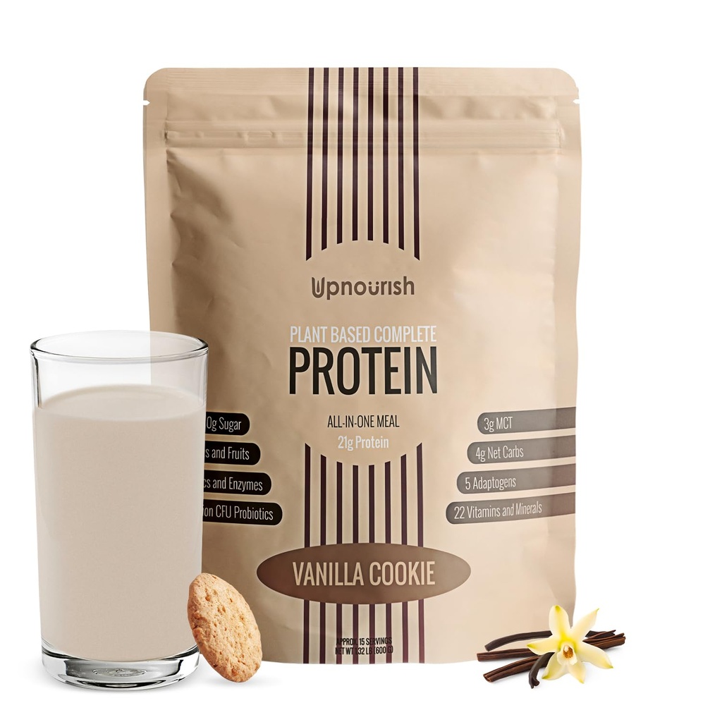 UpNourish Vanilla Cookie Vegan Pulbere Proteină 54 Superalimente Pulbere 1,5 miliarde CFU Probiotice 21g Proteină pe bază de plante,Nu Zahăr Nu lactate fără OMG lactate,Meal de înlocuire Shake Keto-Friendly Low-Carb Diet,15 Serviri