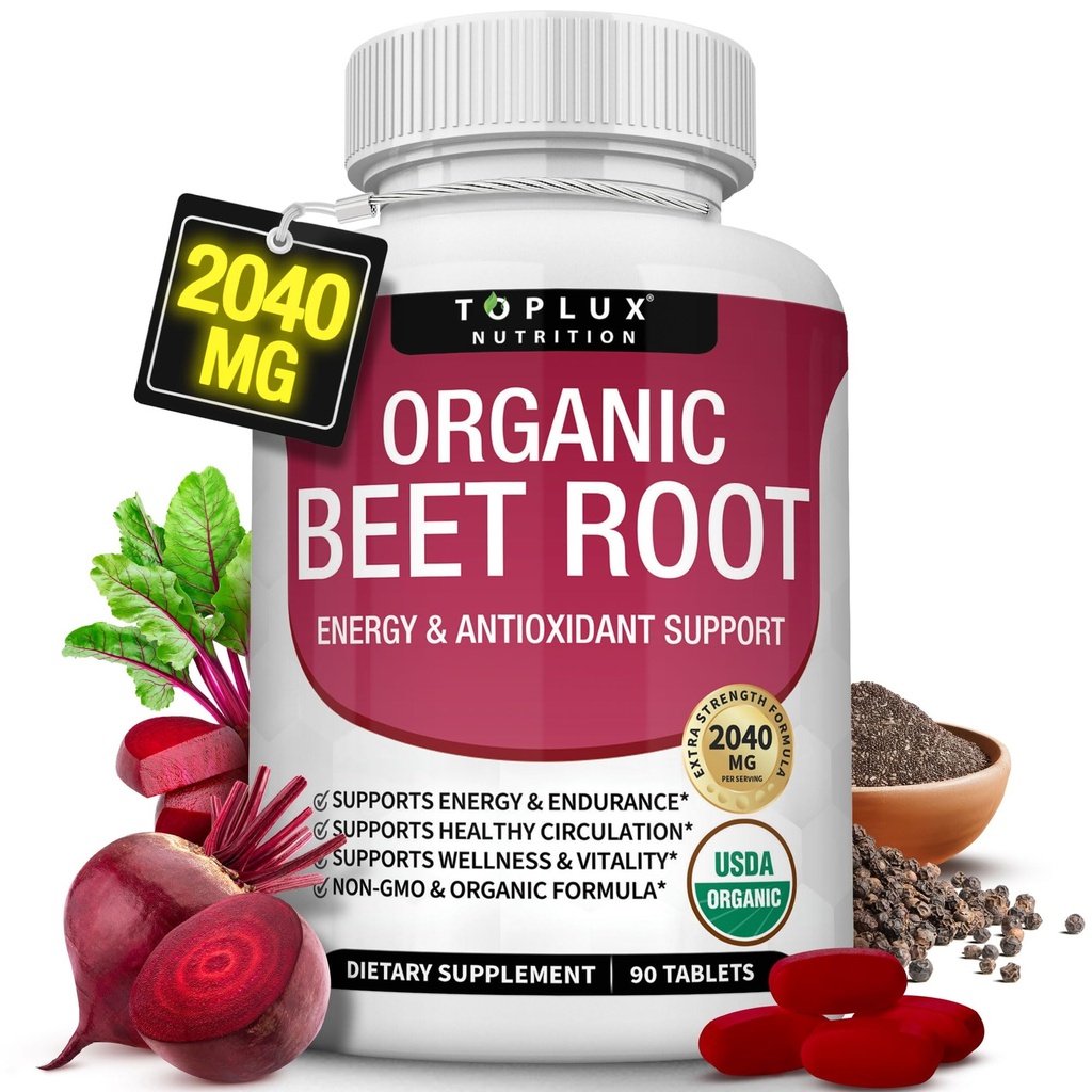 Sfeclă organică Root Powder Tablete - 2040 mg Natural Bioxid de azot pentru a sprijini, Energie, Pepper negru o mai bună absorbție, non-GMO, pentru bărbați Femei, 90 tablete