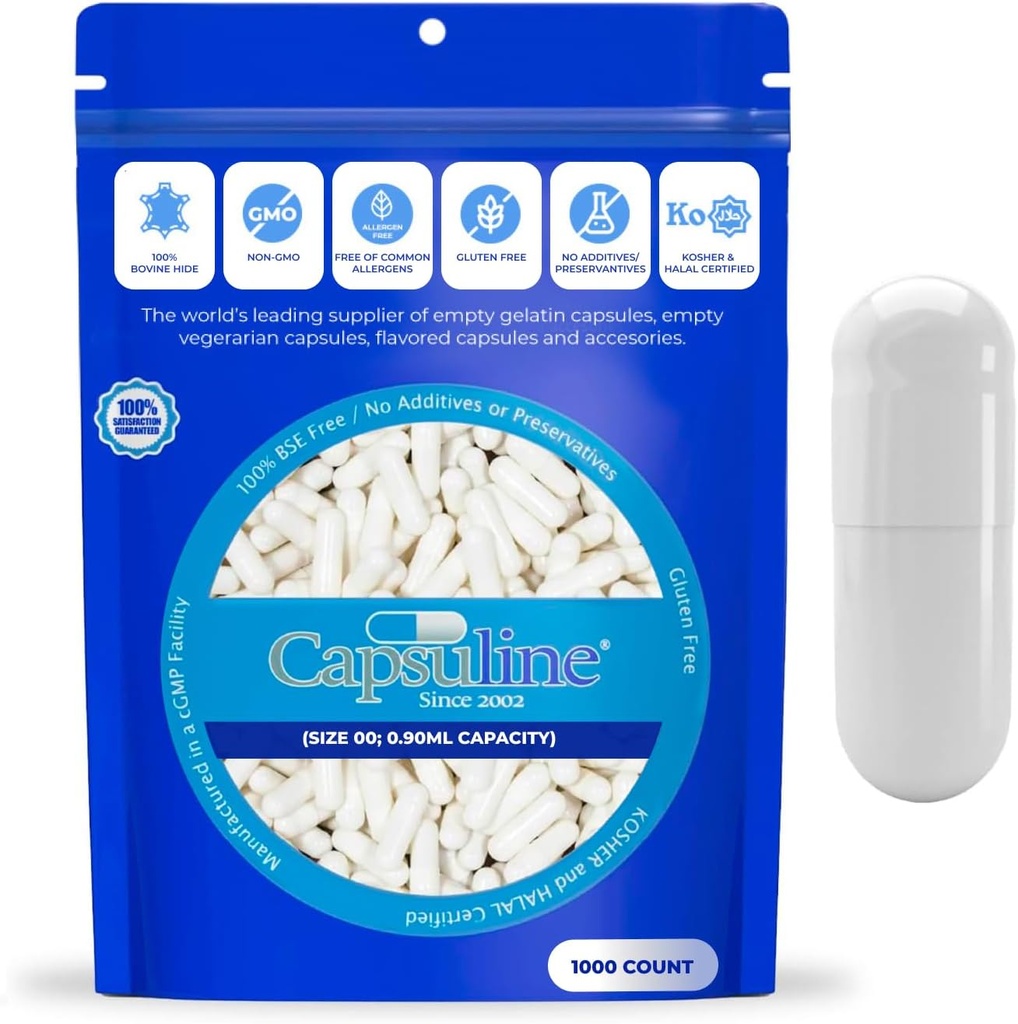 Capsuline Dimensiune 000 - Capsule albe goale de culoare - 1000 Conte - Capsule goale cu pilulă de gel - DIY Capsule pure cu pilulă bovină - Capace goale - Kosher și Halal Certified - Ne-GMO certificate