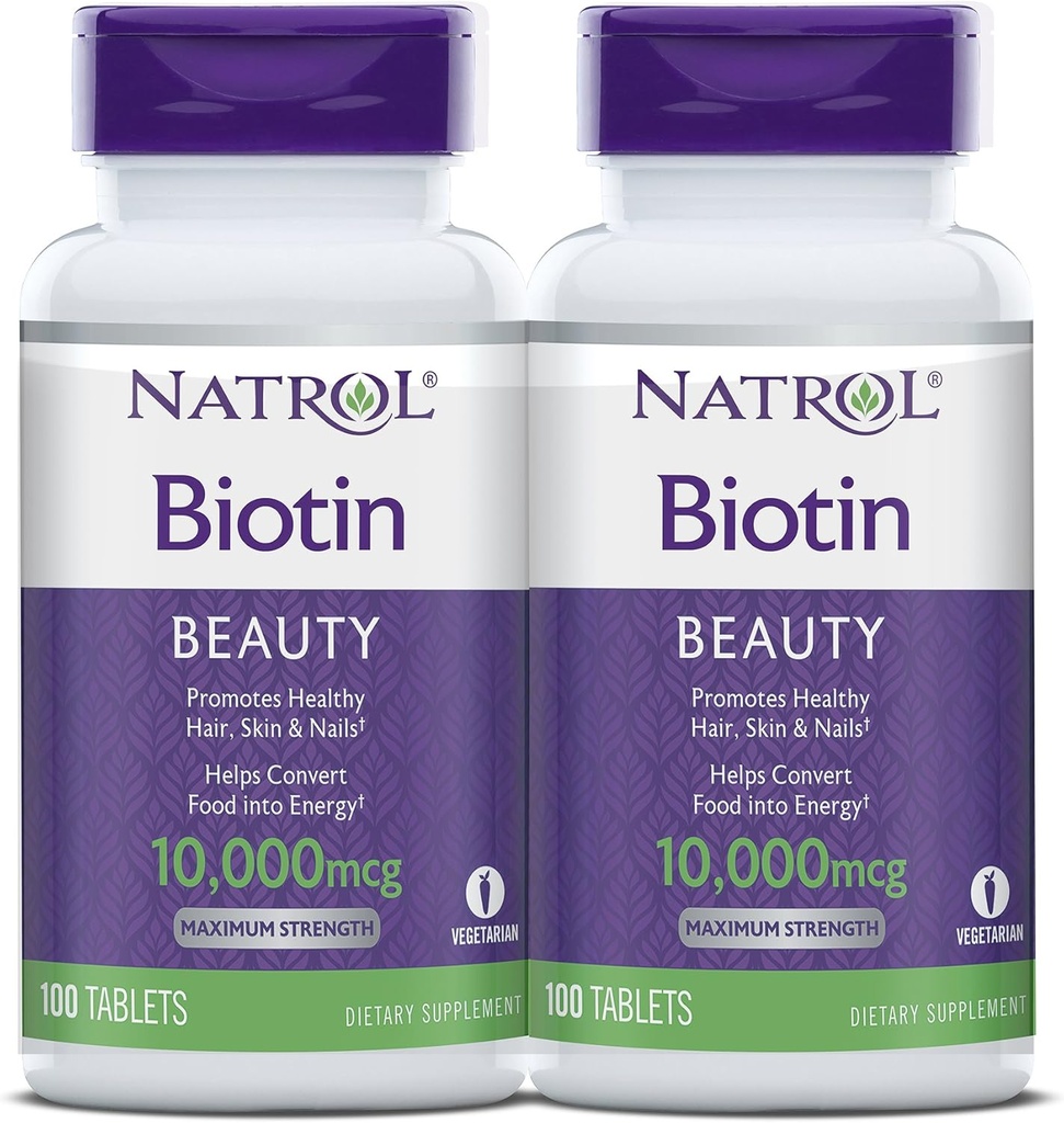 Natrol Biotin Frumusete Tablete, Promoveaza parul sanatos, piele si unghii, ajuta la sustinerea energiei metabolice, ajuta la transformarea alimentelor in energie, putere maxima, 10.000mcg, 100 Conte (Pachet de 2)