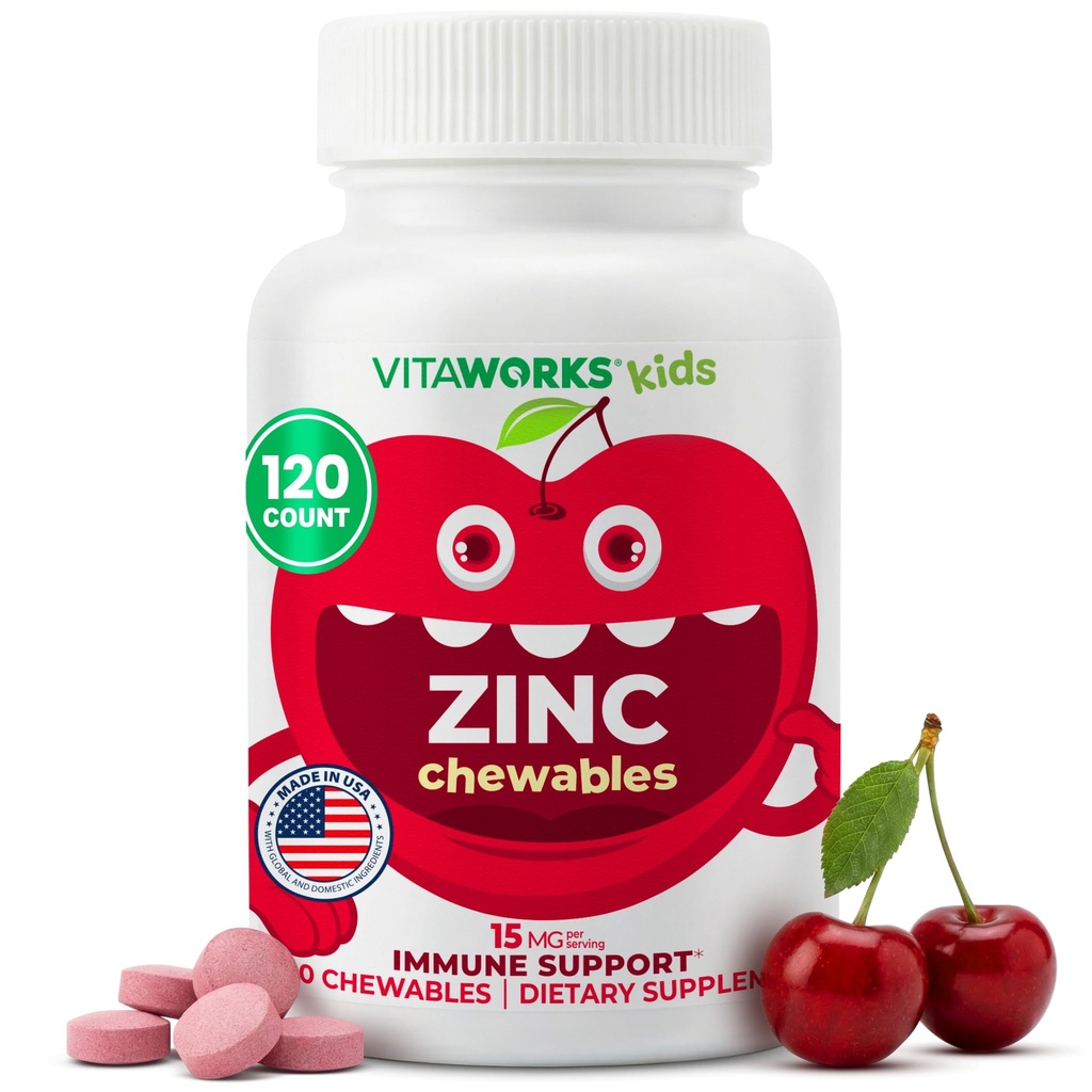 Copii Zinc 15mg Tablete masticabile - Aroma de cireșe naturale - Vegan, vegetarian, OMG-free, Gluten gratuit, Nut gratuit Vitamine - Supliment alimentar pentru sprijin imun - pentru copii - 120 Masticuri