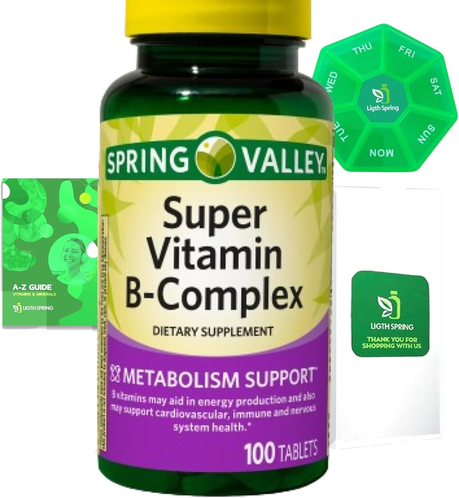Super Vitamina B- Complex 100 comprimate Supliment alimentar Bundle Exclusiv mai bine Ligth &Spring Guide + Săptămânal Pill Organizator (3 elemente)