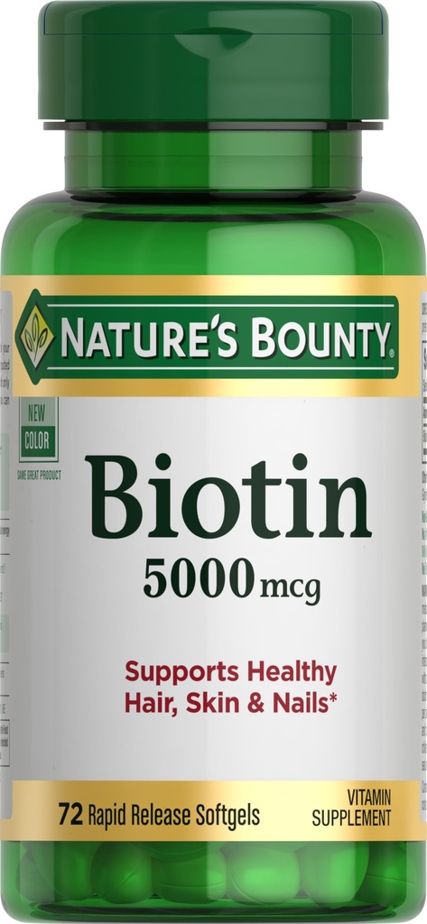Natura's Bounty Biotin, susține metabolismul pentru energie celulară și păr sănătos, piele, și unghii, 5000 mcg, 72 Softgels