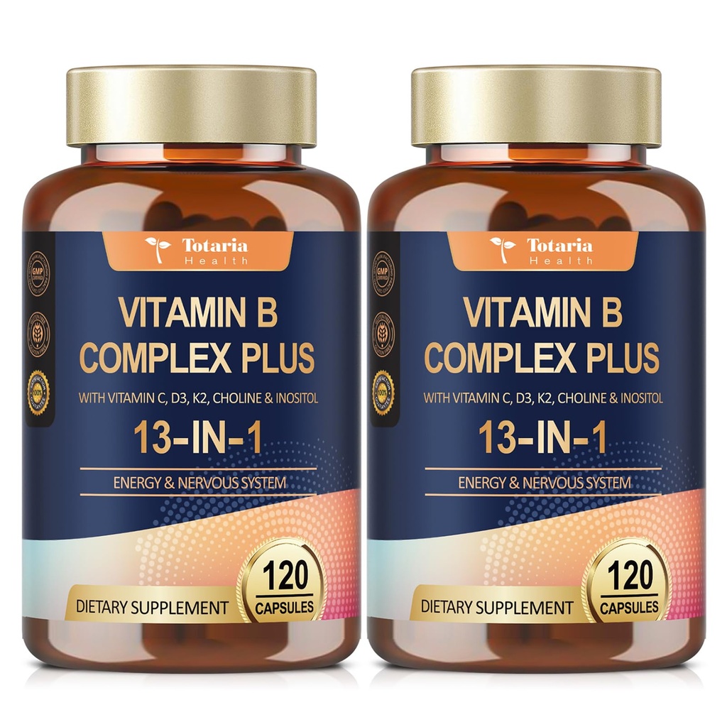 13-in-1 Vitamina B Complex Plus cu vitamina B1, B2, B3 (Niacina), B4, B5, B6, B7 (Biotina), B8 (Inositol), B9 (Folat), B12, C, D3, K2 pentru energie, Nervi, Imun, Piele - 120 de capace pe flacon - 2 flacoane