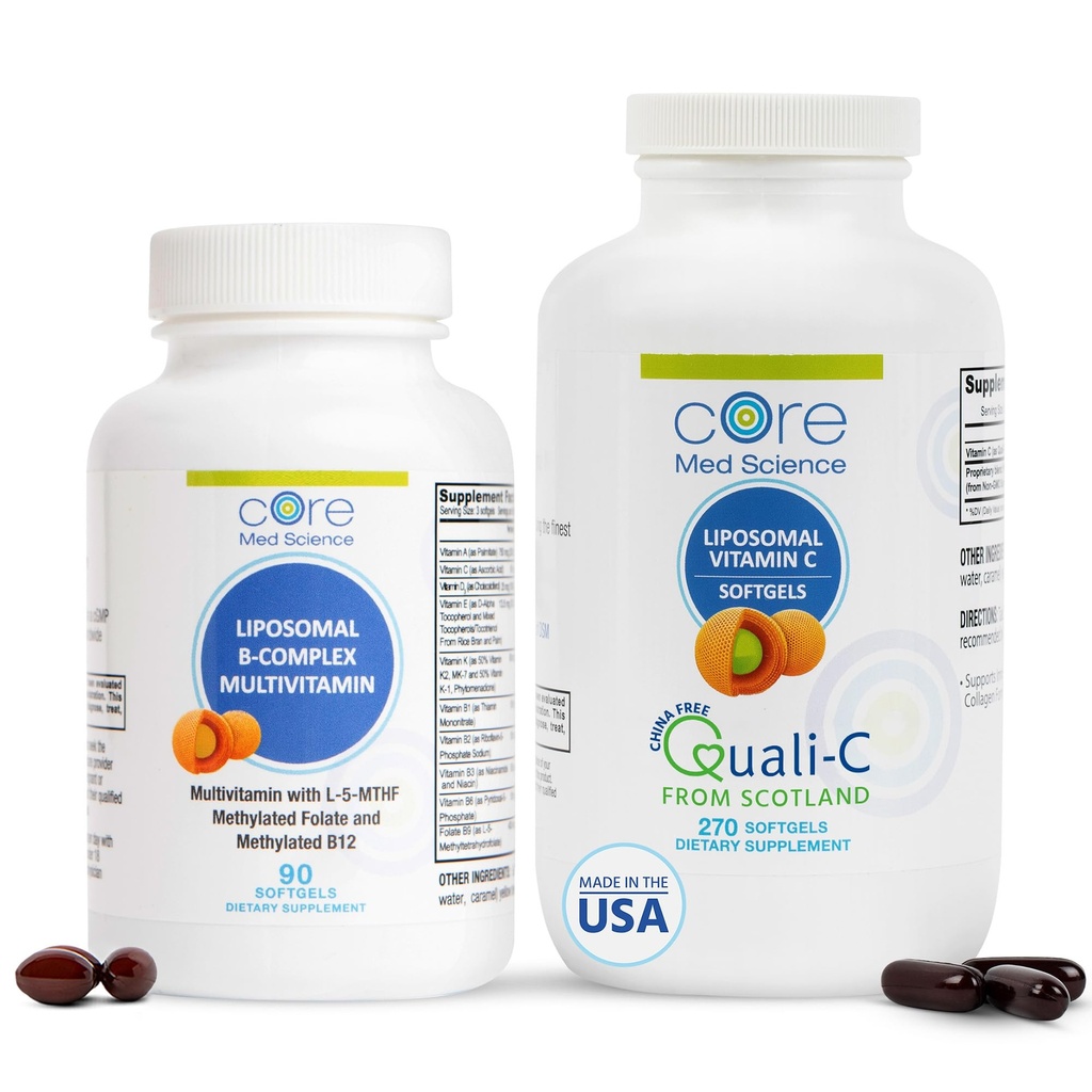 Nucleu Med Science Liposomal Vitamina B- Complex și vitamina C 1000 mg Geluri moi Bundle pentru Heart Health & Immune System