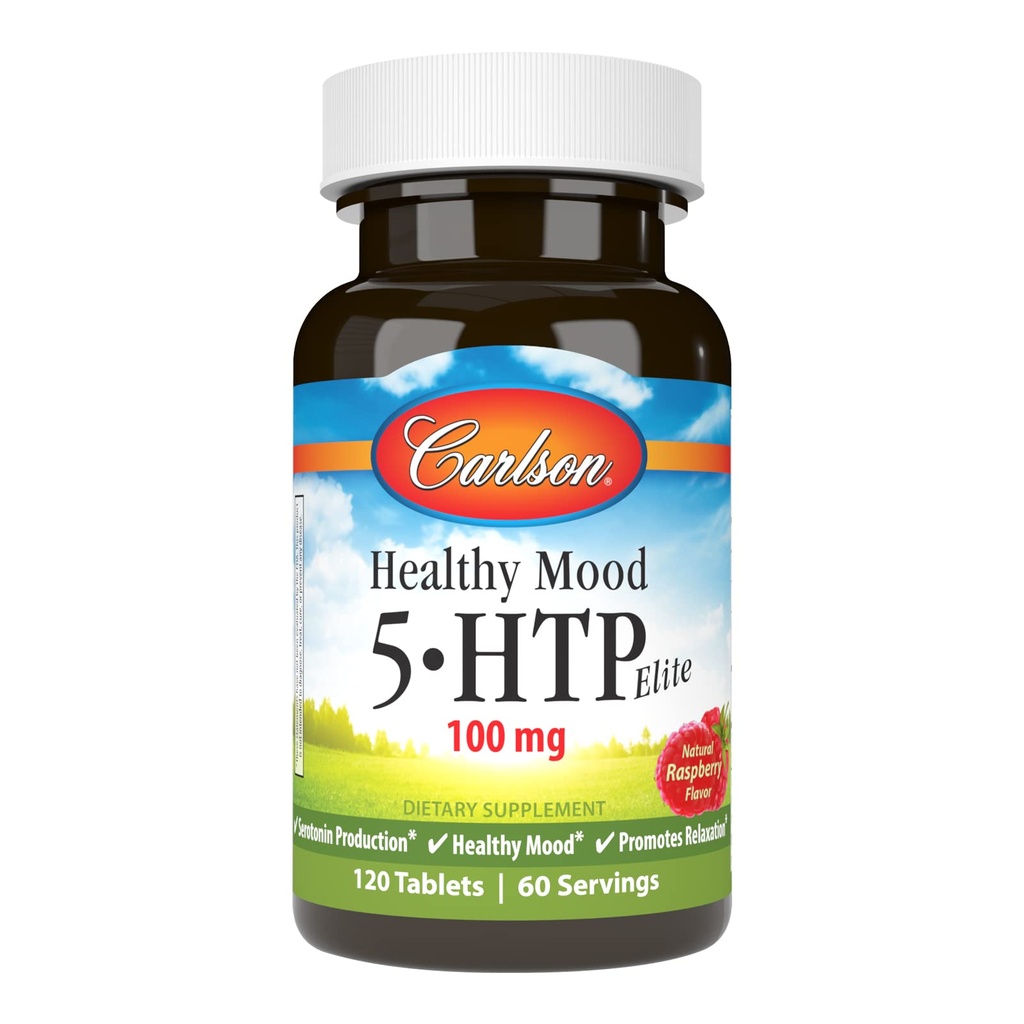 Carlson - Mood sanatos 5-HTP Elite, 100 mg, Serotonina Productie, sanatoasa Mood & Promoveaza relaxare, aroma naturala de zmeura, 120 tablete