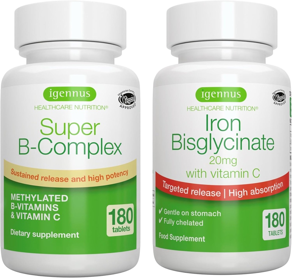 Super B-complex & mare absorbţie Biglicinat de fier 20 mg cu vitamina C, Vegan Bundle, metilat susţinut de eliberare B Complex & Gentle One-a-Day Fier cu eliberare ţintă, de Igennus