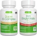 Super B-complex & mare absorbţie Biglicinat de fier 20 mg cu vitamina C, Vegan Bundle, metilat susţinut de eliberare B Complex & Gentle One-a-Day Fier cu eliberare ţintă, de Igennus