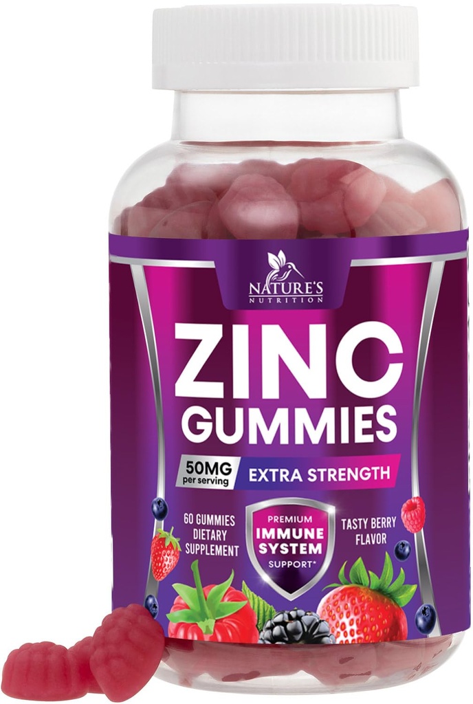 Gume de zinc 50mg - Piele osoasă și suport imunitar Sănătate Gummy & Premium Antioxidant Chewable pentru adulți - Mare absorbție Vegan, Gluten Suplimente de zinc gratuit Vitamina - Tasty Berry Aroma - 60 Gume