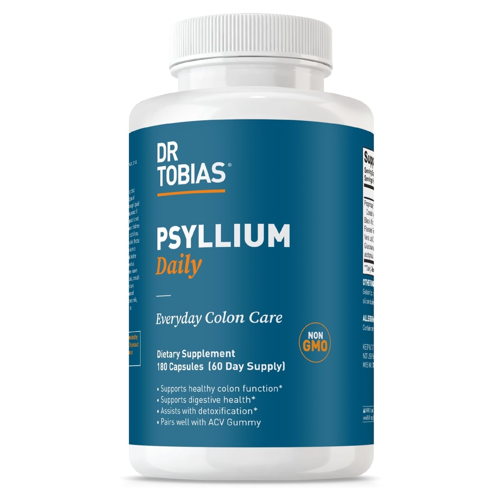 Dr. Tobias Psyllium Daily, Sustine Miscarea sanatoasa a Bowel-ului, Capsule Psyllium Husk cu argila bentonita, Ingrediente in in Flaxseed & Natural, Suplimentul Daily Fiber in Suportul Sanatatii Colonului, 180 Capsule