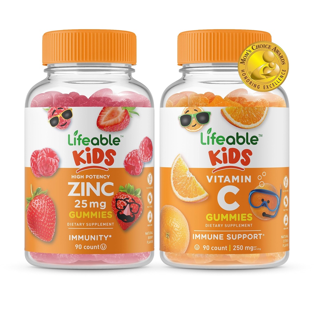 Zinc de viață 25mg Copii + Vitamina C Copii, Gume Bundle - mare Tasting, Suplimentul de vitamine, Gluten gratuit, OMG gratuit, Guma de mestecat
