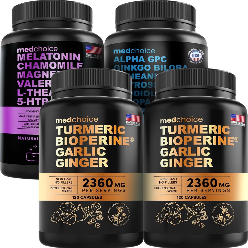 MEDCHOICE Turmeric & Ginger (240ct), Sleep Melatonin (90ct) și Nootrop Brain (60ct) Suplimentul Bundle - Wellness Trio pentru creier, somn, și suport imunitar - Vegan, non-GMO, gluten-free